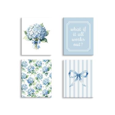 Imagem de Kercan Blue Hydrangea Wall Art Vintage Farmhouse Flowers Bathroom Wall Decor, Conjunto de 4 Flores Pintura Floral Natureza Arte Botânica para Sala de Estar Cozinha Decoração de Casa 20 x 25 cm