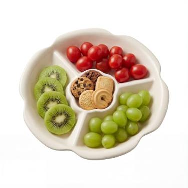 Imagem de WENMAQIN Bandeja de cerâmica para servir lanches, aperitivo de porcelana com 4 seções para hospedagem e entretenimento de festas, pratos de sabor em forma de flor para batatas fritas e molhos, doces e