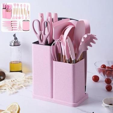 Imagem de Kit Utensílios de Cozinha 19 Peças em Silicone com Cabo de Madeira, Facas e Tábua – Resistente ao Calor 230°C(Rosa)