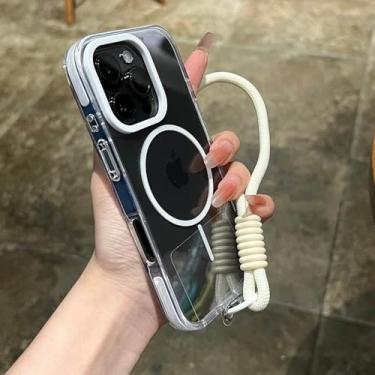 Imagem de Capa magnética transparente para iPhone 14, 15, 16 Plus, 11, 12, 13, 16 Pro Max, alça de pulso transparente, capa protetora à prova de choque, branca, para iPhone 15 Pro