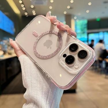 Imagem de Capa magnética transparente com alça de pulso para iPhone 14, 15, 16 Plus, 11, 12, 13, 16 Pro Max, capa transparente com glitter brilhante, rosa H, para iPhone 15 Pro