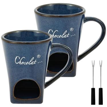 Imagem de ZFLYCANP Conjunto de copos de fondue de chocolate, caneca de cerâmica para derretimento doce com garfo, caneca quente de fondue para doces, fácil de segurar e usar, reutilizável para encontros