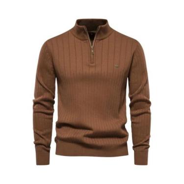 Imagem de Suéter Masculino De Algodão Quente Com Zíper, Gola Alta, Tricotado, Al