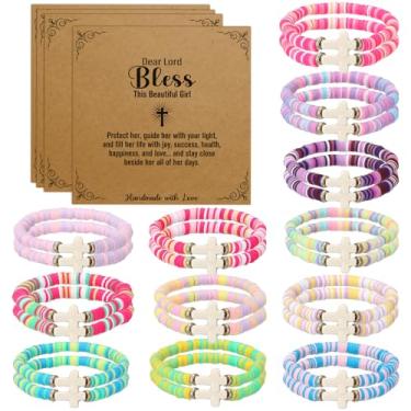 Imagem de Landical 24 Pcs Easter Cross Friendship Bracelets with Motivational Cards Preppy Birthday Party Favors Adjustable Clay Bead Bracelets Rainbow Jewelry Set for Teen Women Friendship Party Supplies