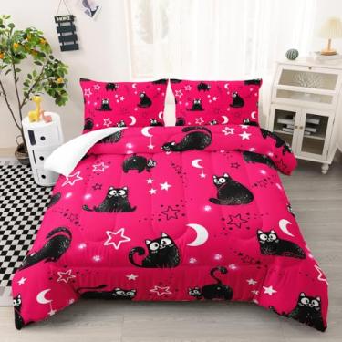 Imagem de AILONEN Conjunto de edredom infantil kawaii, solteiro, desenho animado de estrelas e lua, rosa com estampa de gatinho fofo com 2 fronhas, 3 peças