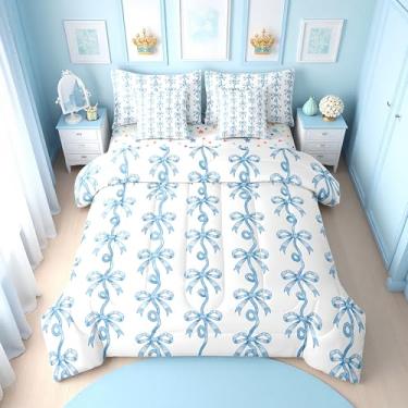 Imagem de Erosebridal Jogo de cama casal de 7 peças com laço azul e branco | Jogo de edredom de gravata borboleta fofo com lençol de cima para meninas e crianças, listrada, fita azul, lençol de cima com