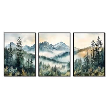 Imagem de 3 peças de arte de parede floresta nebulosa impressão aquarela montanha decoração de parede paisagem natureza árvore abstrata pintura moderna para sala de estar (SKU2-3 peças, 12 x 18 polegadas = (30