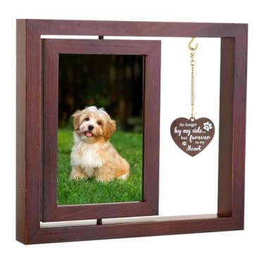 Imagem de TLYITU Porta-retrato memorial de cachorro – Moldura giratória dupla face de madeira para animais de estimação 10 x 15 cm com pingente de coração – Presente memorial de cachorro para perda de cachorro