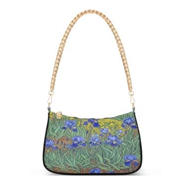 Imagem de Bolsa de ombro vibrante floral azul íris corrente verde, bolsa feminina Hobo Tote com estampa artística, elegante bolsa clutch para uso diário e noturno