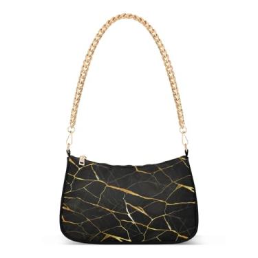 Imagem de Bolsa de ombro elegante de mármore preto com corrente de veias douradas, bolsa feminina Hobo média para uso diário e noturno