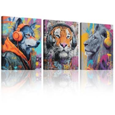 Imagem de Halioyo Decoração de arte de parede de grafite, decoração de sala de música pop colorida, arte de parede em tela emoldurada - Pintura abstrata de animais de rua para dormitório, quarto (30 x 40 cm x 3