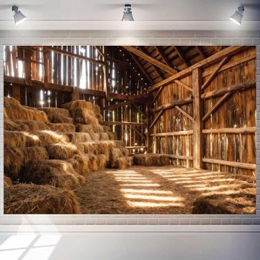 Imagem de Atlastrip Cenário de presépio de celeiro para fotografia, interior de 35 x 20 m, fardos de palha e palheiro, fundo de casa de fazenda, decoração de festa de Natal, adereços de sessão de fotos para