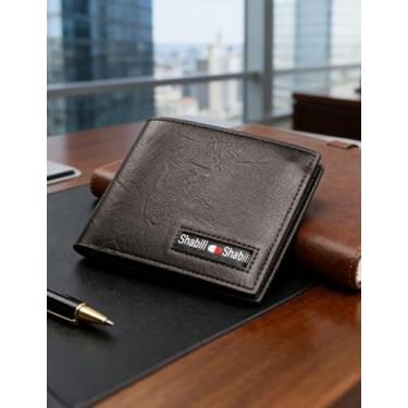 Imagem de Carteira masculina de couro curta dobrável com vários compartimentos para cartões (preto)