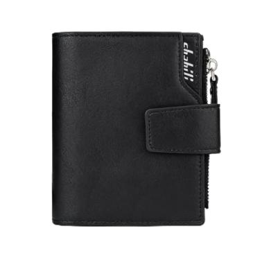 Imagem de Carteira masculina moderna, preta, com vários compartimentos, estampa xadrez de couro legítimo, sensação de grande capacidade, design moderno preto com vários compartimentos com fivela, padrão xadrez