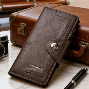 Imagem de Carteira masculina, clutch ultrafina de couro longo com fecho magnético e abertura superior, design comercial com bloqueio RFID e grande capacidade (marrom escuro)