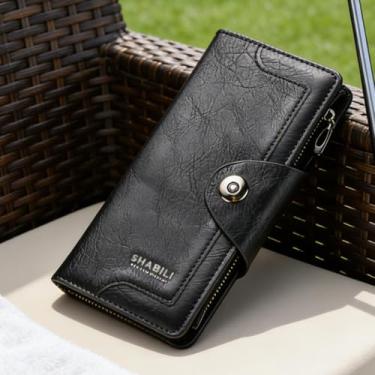 Imagem de Carteira masculina, fecho magnético, bolsa de couro longa ultrafina com parte superior aberta, organizador de negócios com vários compartimentos para cartões e bloqueio RFID, design fino (preto)