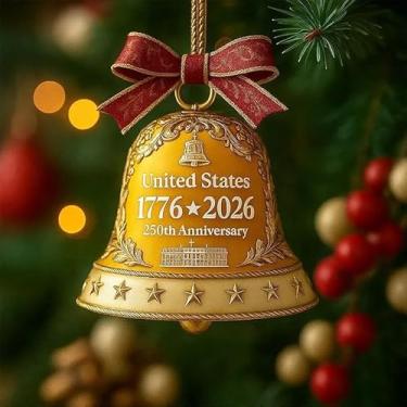 Imagem de Enfeite comemorativo de Natal com sino comemorativo de 250º aniversário | Decoração patriótica semiquincentenária | Presente de lembrança de marco histórico americano para veteranos, colecionadores e