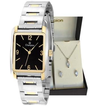 Imagem de Relogio champion misto quadrado visor preto ch22466p + kit semi joia
