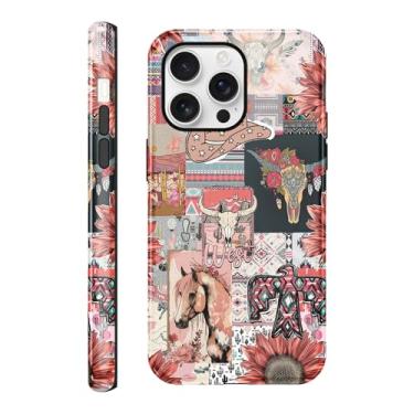 Imagem de Vulfwela Capa de telefone para iPhone 16 Pro 16 cm Western Boho Collage, 2 em 1 vintage rosa chapéu de cowboy cavalos cabeça de touro capa de telefone floral país oeste capa protetora à prova de