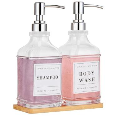 Imagem de Dispensador de sabão de vidro com bomba, bandeja, funil, sabonete de bancada e dispensador de loção conjunto de 2 com 60 adesivos, dispensador de louça e sabonete de mão para pia de cozinha, banheiro