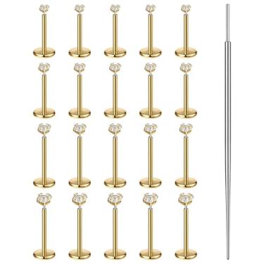 Imagem de 21 peças de brincos de nariz de ouro de zircão com pino de inserção cônico, brincos de ouro 18/20 G com costas planas sem fio, aço cirúrgico anti-sensível, zircão para nariz nasal Alae, cartilagem