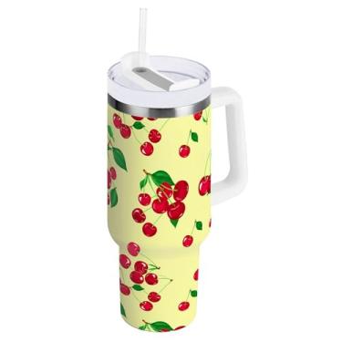 Imagem de SEHANY Copo de cereja fofo de 1,134 g com alça, copo isolado de aço inoxidável de parede dupla, à prova de vazamento, caneca de café isolada para viagem, cabe no suporte de copo de carro