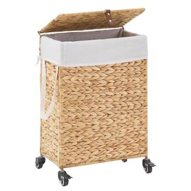 Imagem de Cesto de roupa suja rolante com tampa e rodas, cesto de roupa suja fino com saco de forro removível e 2 sacos de malha, cesto de roupas de jacinto de água tecido à mão para quarto e banheiro (natural