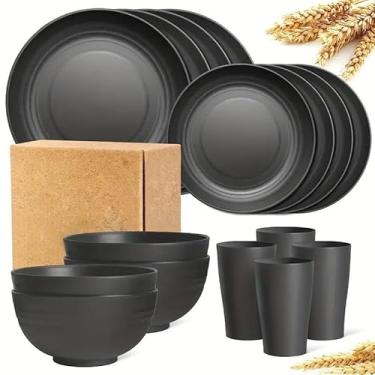 Imagem de Conjunto de 16 Peças Reutilizáveis – 8 Pratos + 4 Bowls + 4 Copos, Louça de Mesa Ideal para Refeições Domésticas e Família (KIT16-Preto)