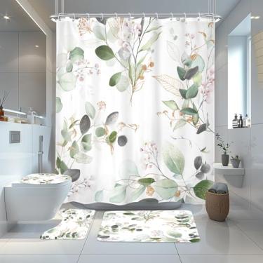 Imagem de Riyidecor Conjunto de 4 peças de cortina de chuveiro verde sálvia eucalipto folha botânica flor rosa floral 182x182 cm de altura conjunto de banheiro decoração tapete de banheiro antiderrapante tampa