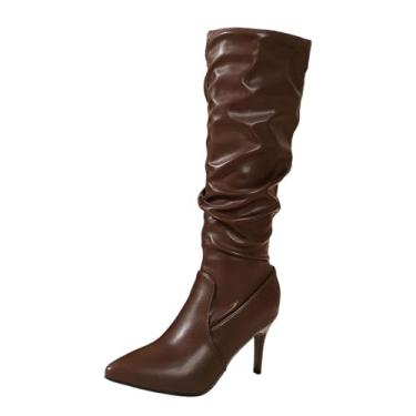 Imagem de Botas femininas modernas e casuais, versáteis, descoladas e estilosas de inverno com sola plana e cano alto, Café, 35