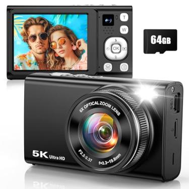 Imagem de Câmera digital 5K 96MP para fotografia com zoom óptico de 6x, câmera vlogging de foco automático atualizada 2025 para YouTube com lente dupla, cartão de 64 GB, flash, câmeras digitais antivibração