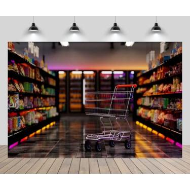 Imagem de CHNYWORK 2,1 m x 1,5 m pano de fundo de supermercado interior de supermercado com carrinho de compras vermelho vazio tema de mercado chá de bebê decorações de festa de aniversário adereços de cabine