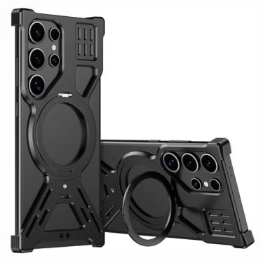 Imagem de HUHUCASE Capa para celular Samsung S22/S23/S24/25Ultra oca Metal Suporte Rotativo Magnético Capa Protetora Antiqueda (Preto, S25Ultra)
