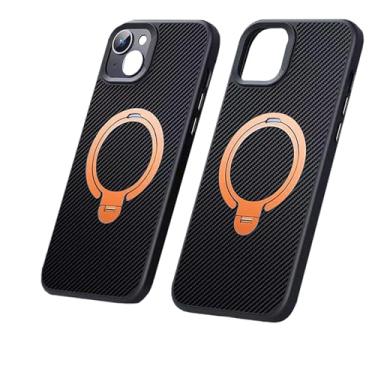 Imagem de HUHUCASE Capa de celular de fibra de carbono com suporte magnético de anel duplo para iPhone 16/15/14/13/12 Pro Max - Capa protetora durável (anel dourado, iPhone15 Plus)