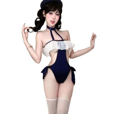 Imagem de ZYTC Lingerie feminina kawaii, gola alta, roupa de empregada sexy, anime, cosplay, uniforme JK, lingerie azul marinho, maiô inteiro