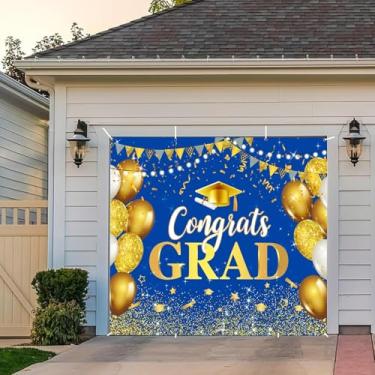 Imagem de Banner de porta de garagem de formatura 2,1 x 2,4 m Class Of 2025 Congrats Grad pano de fundo azul real e dourado formatura formatura decoração de porta de garagem grande fundo de festa de formatura