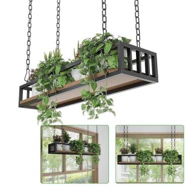 Imagem de Prateleira de teto de ferro forjado e madeira maciça, suporte de vaso de flores para bar e restaurante, rack de armazenamento de decoração suspensa (100 x 25 x 15 cm) - Suporte de exibição interno