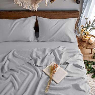 Imagem de REDASW Jogo de lençol Queen 100% linho puro, 4 peças, com bolso profundo, adequado para colchão de até 40,6 cm, roupa de cama macia, confortável para todas as estações (cinza, Queen)