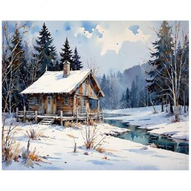 Imagem de Beauty of Winter Paint by Numbers Kit para adultos - DIY cabine de madeira por Snowy Creek pintura em tela 40,6 x 50,8 cm, conjunto de tinta acrílica, adequado para iniciantes, arte de inverno para
