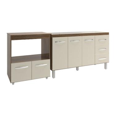 Imagem de Armário Cozinha Balcão Gabinete de Pia 140 cm Carine e Balcão Para Microondas e Forno Elétrico Amanda Savana Off White