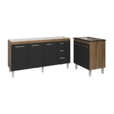 Imagem de Armário Cozinha Balcão Gabinete de Pia 160 cm Estela e Balcão Fran para Fogão Cooktop 5 Bocas Savana Preto