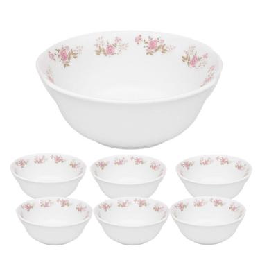 Imagem de Jogo De Sobremesa De Vidro 1 Tigela 1400ml E 6 Bowls 400ml Branco Em Casa Tem