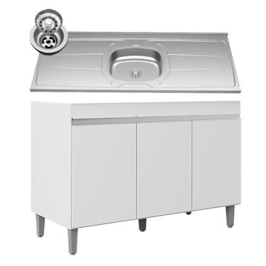 Imagem de Balcão De Cozinha Com Pia Inox 120cm 3 Portas Manu Branco - Ajl Móveis