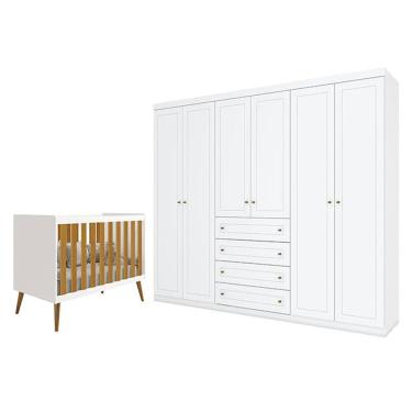 Imagem de Berço Americano Isis Branco Acetinado Savana - Reller e Guarda Roupa Casal Americano 6 Portas Branco HP - Henn