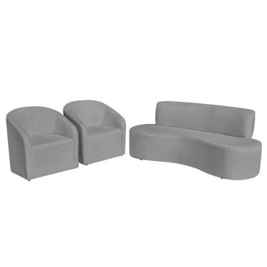 Imagem de Kit Sofá Curvo Amsterdã 180cm E 2 Poltronas Luiza Max Bouclé Cinza