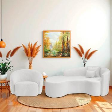 Imagem de Kit Recamier Curvo Sala De Estar Inglaterra 200cm Lado Esquerdo Poltrona Orgânica Luxo Amore Bouclé Branco