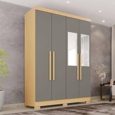 Imagem de Guarda-Roupa Solteiro Pinheiro 4 Portas 2 Gavetas com Pés e Espelho Jequitibá/Granizo - Pnr Móveis