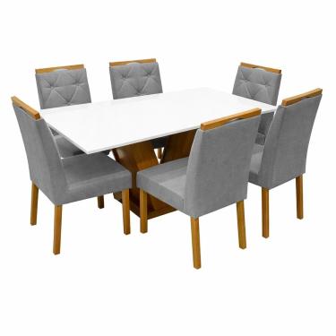Imagem de Mesa de Jantar Classic 160x80cm com Vidro e 6 Cadeiras Jasmim em Veludo Estofadas Cel Móveis Cor Cinamomo Off White com Tecido Cinza