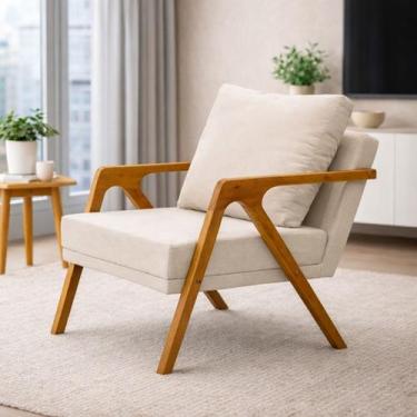 Imagem de Poltrona Mona Pés De Madeira Linho Sala Escritorio Decoração Cor:Bege 