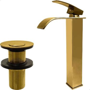 Imagem de Kit Banheiro Torneira Dourada Monocomando Agua Quente Fria Bica Alta e